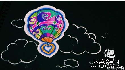 彩色热气球纹身手稿图案