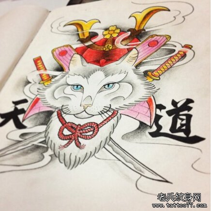 彩色猫咪纹身手稿图案