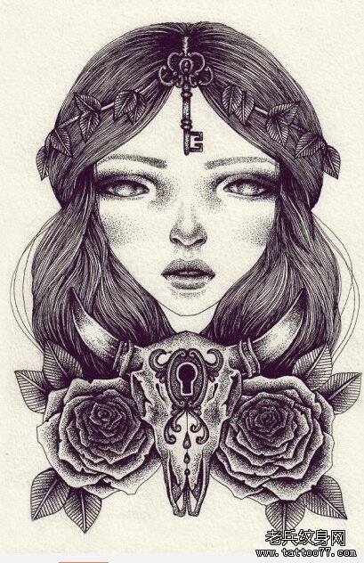 羚羊玫瑰花女郎纹身手稿图片