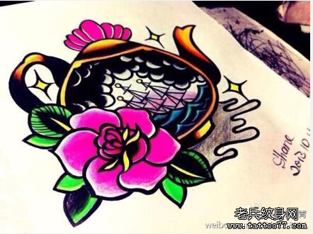 彩色school水壶玫瑰花纹身图案