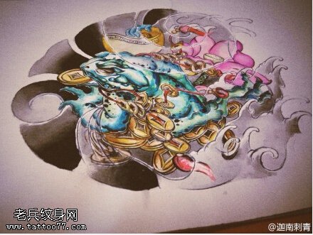 彩色个性金蟾纹身手稿图片