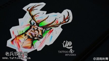 彩色个性泼墨羚羊纹身手稿图片