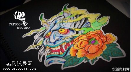 彩色个性传统般若牡丹纹身手稿图案