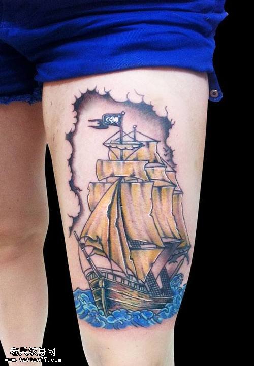 腿部个性帆船纹身图片缩略频道推荐图