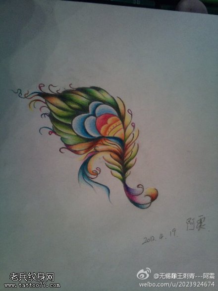 彩色个性羽毛纹身手稿图片