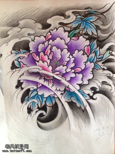 彩色个性牡丹花纹身手稿图片
