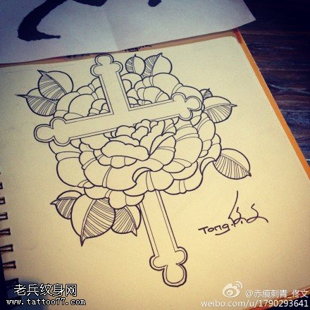 玫瑰花十字架纹身手稿图片