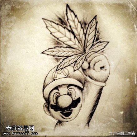 卡通超级玛丽枫叶纹身图案