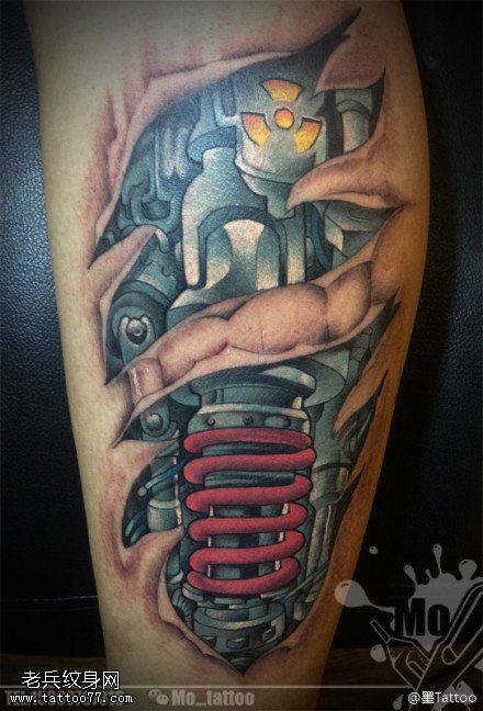 腿部彩色个性3D机械纹身图案