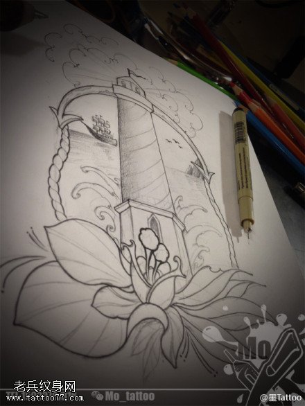 个性灯塔玫瑰花线稿纹身图案