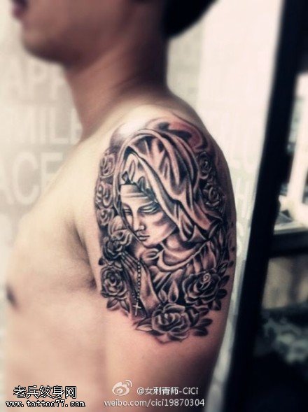 手臂黑灰圣母玛利亚纹身图案