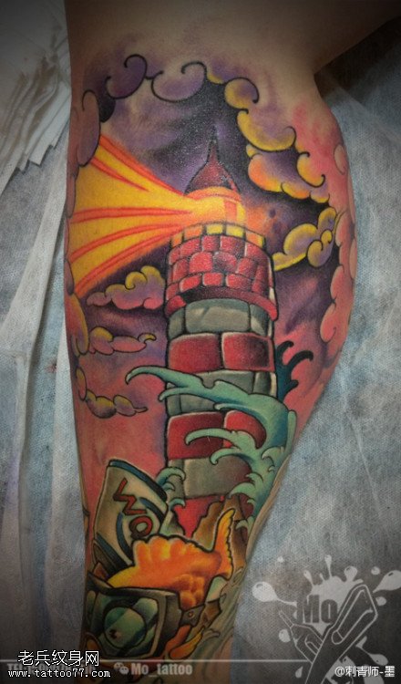 腿部彩色school灯塔纹身图案