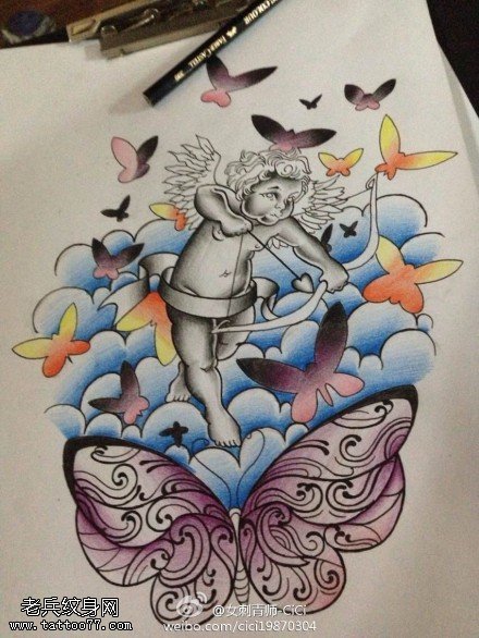 彩色天使蝴蝶纹身手稿图案