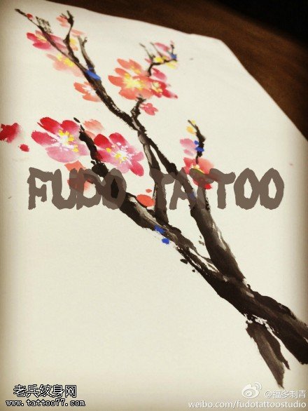 四君子之一彩色梅花纹身手稿图案