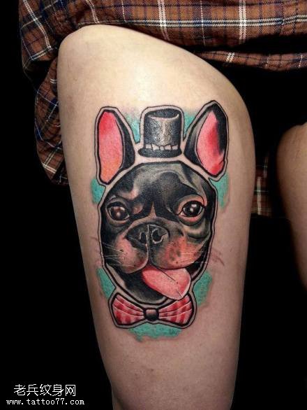 腿部彩色个性卡通狗狗纹身图案