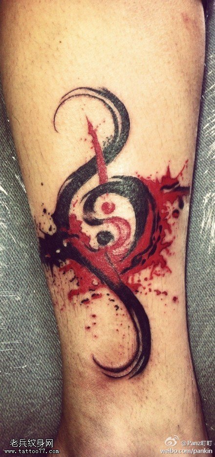 腿部彩色个性音符纹身图案