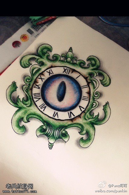 个性彩色时钟眼睛纹身手稿图案