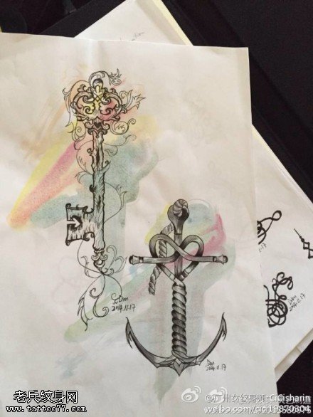 情侣船锚钥匙纹身手稿图片