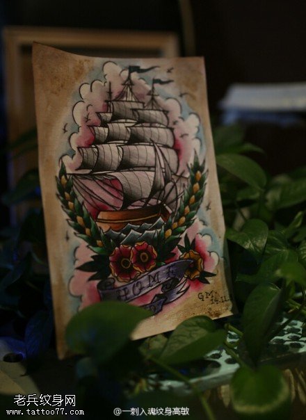 school彩色帆船纹身手稿图片