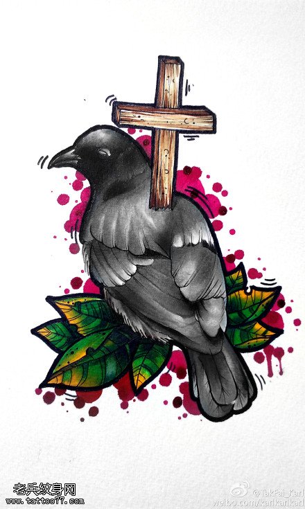 彩色个性鸟十字架纹身手稿图片