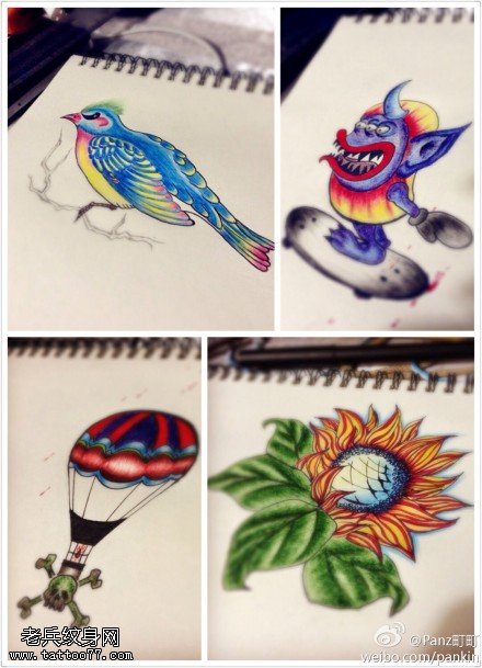 一组彩色school卡通纹身手稿图片