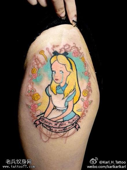腿部彩色哭泣女郎纹身图案