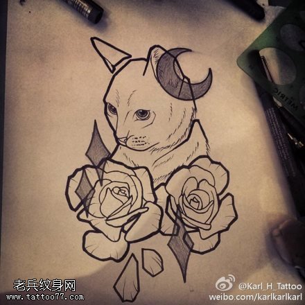 猫咪玫瑰花纹身手稿图片