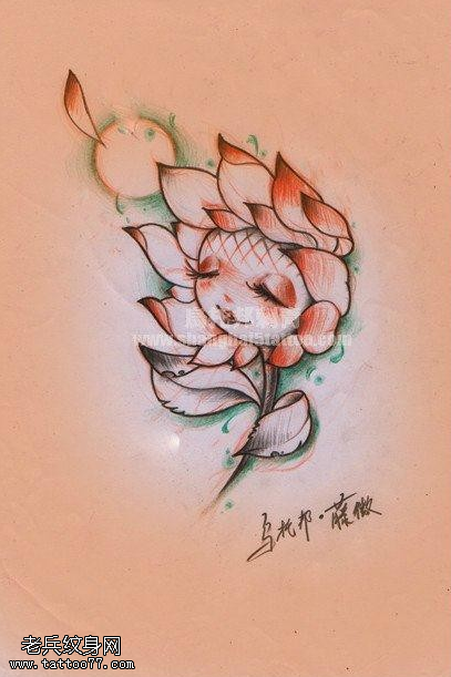 向日葵娃娃纹身手稿图片
