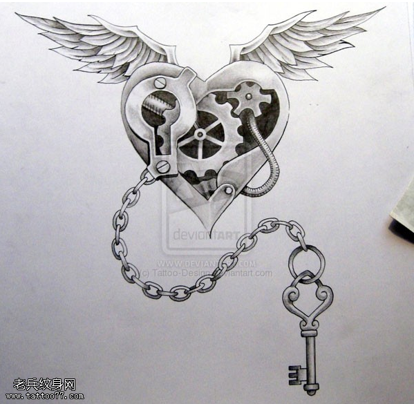 机械钥匙锁翅膀纹身手稿图片