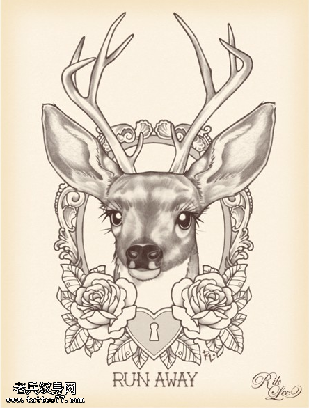 素描玫瑰花羚羊纹身手稿图案