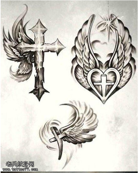 个性黑灰素描十字架翅膀纹身手稿图片
