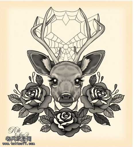 羚羊玫瑰花纹身手稿图片