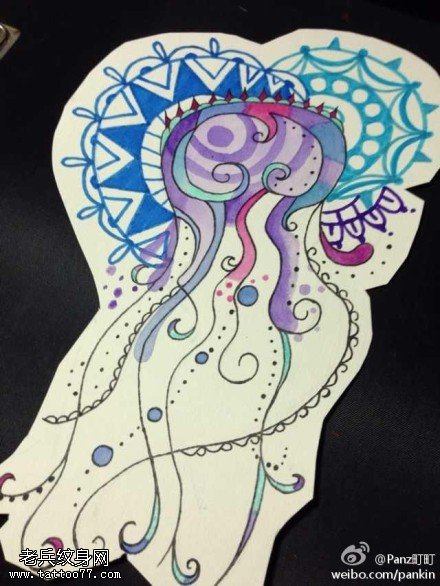 彩色水母纹身手稿图案