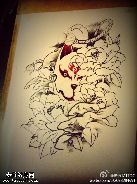 牡丹狐狸面具纹身手稿图片