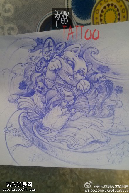 彩色招财猫线稿纹身图片