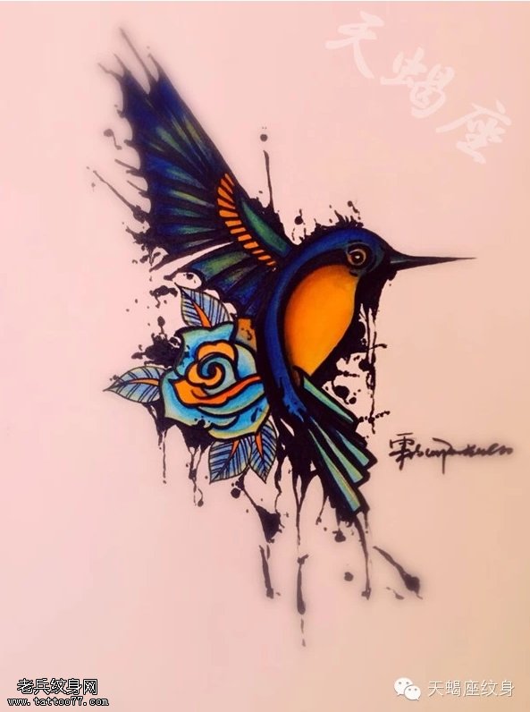 彩色玫瑰花鸟纹身手稿图片