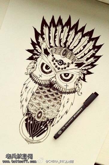印第安风格猫头鹰纹身手稿图片