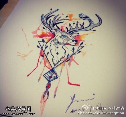彩色个性泼墨羚羊纹身线稿图片