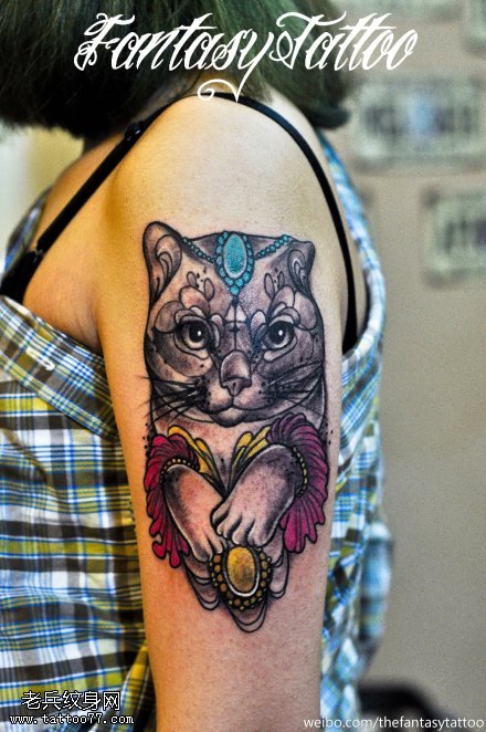 手臂彩色个性猫咪纹身图案