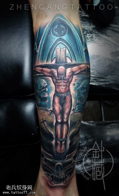 腿部彩色守护天使纹身图案