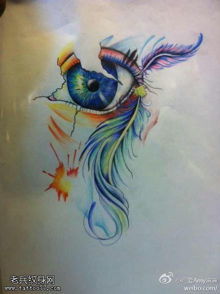 彩色个性眼睛羽毛纹身手稿图片