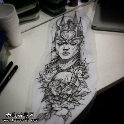 女郎骷髅玫瑰花纹身手稿图片