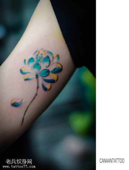 女性手臂内侧彩色莲花纹身图案