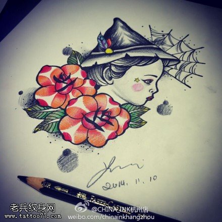 彩色女郎玫瑰花纹身手稿图片
