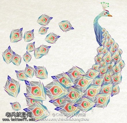 彩色孔雀纹身手稿图片