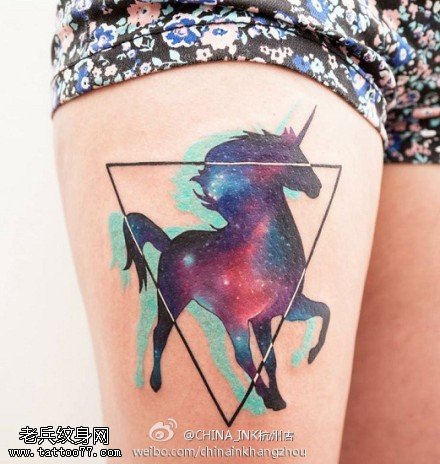 腿部彩色星空马纹身图案