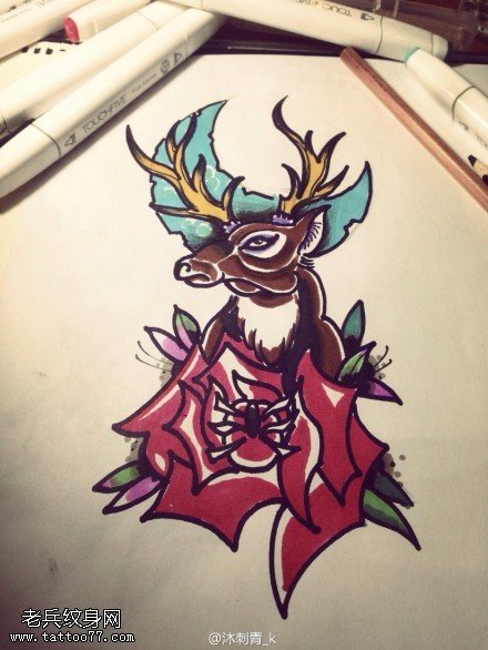 彩色羚羊鹿玫瑰花纹身手稿图片