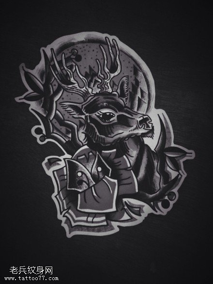 黑灰素描羚羊玫瑰花纹身图案