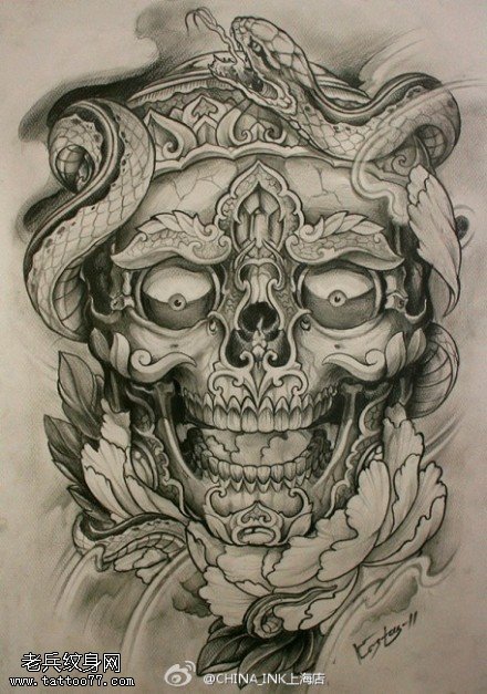 嘎巴拉牡丹蛇纹身手稿图片