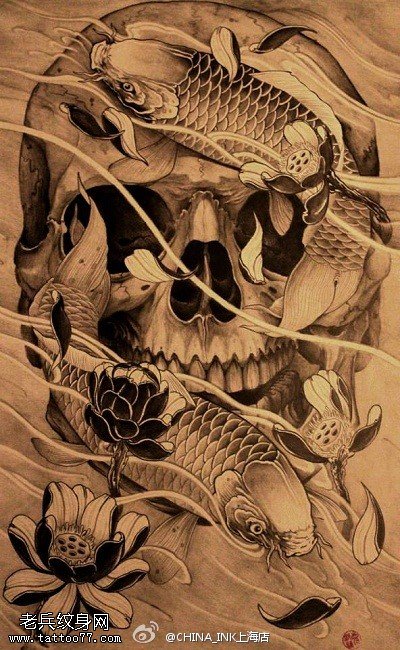 欧美骷髅鲤鱼纹身手稿图片